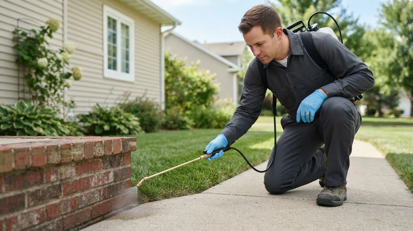 Pest control technician treating a home near Akron, MI