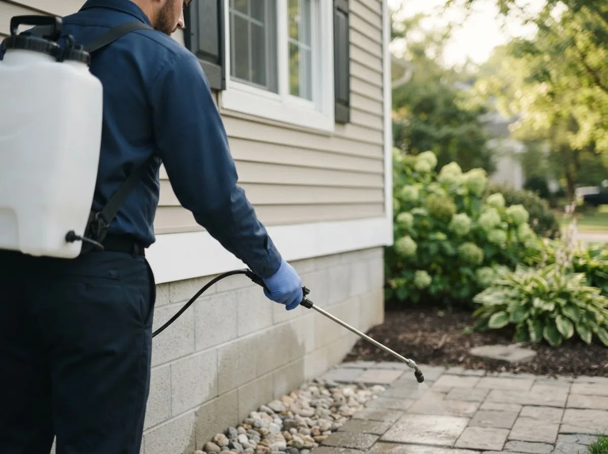 Pest control technician inspecting a home in Akron, MI